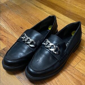 Anne Klein iflex black loafers with silver chunky chain detail